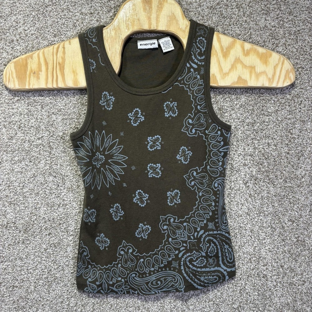 VTG Y2K Energie Bandana Tank Top L Brown Ribbed Paisley Grunge Earth Tone Boho